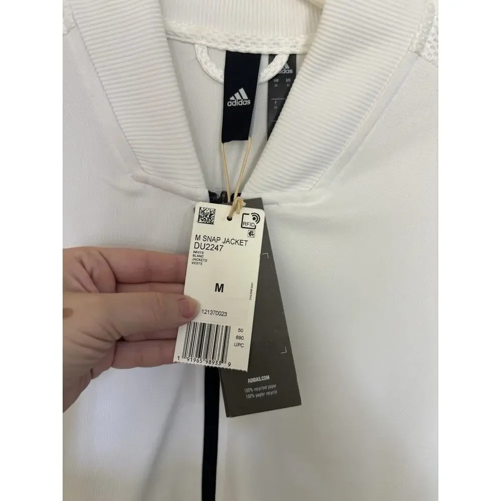 NWT Adidas White Snap Track Jacket Full Zip Black Stripe Pockets M